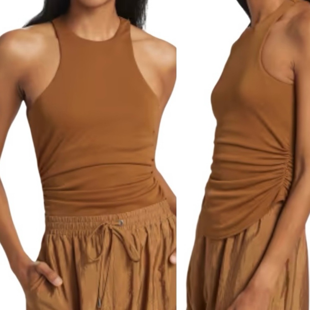 Cinq à Sept Sonya Ruched
Tank Sleeveless Top Curved Hem Racerback Camel Brown XL
